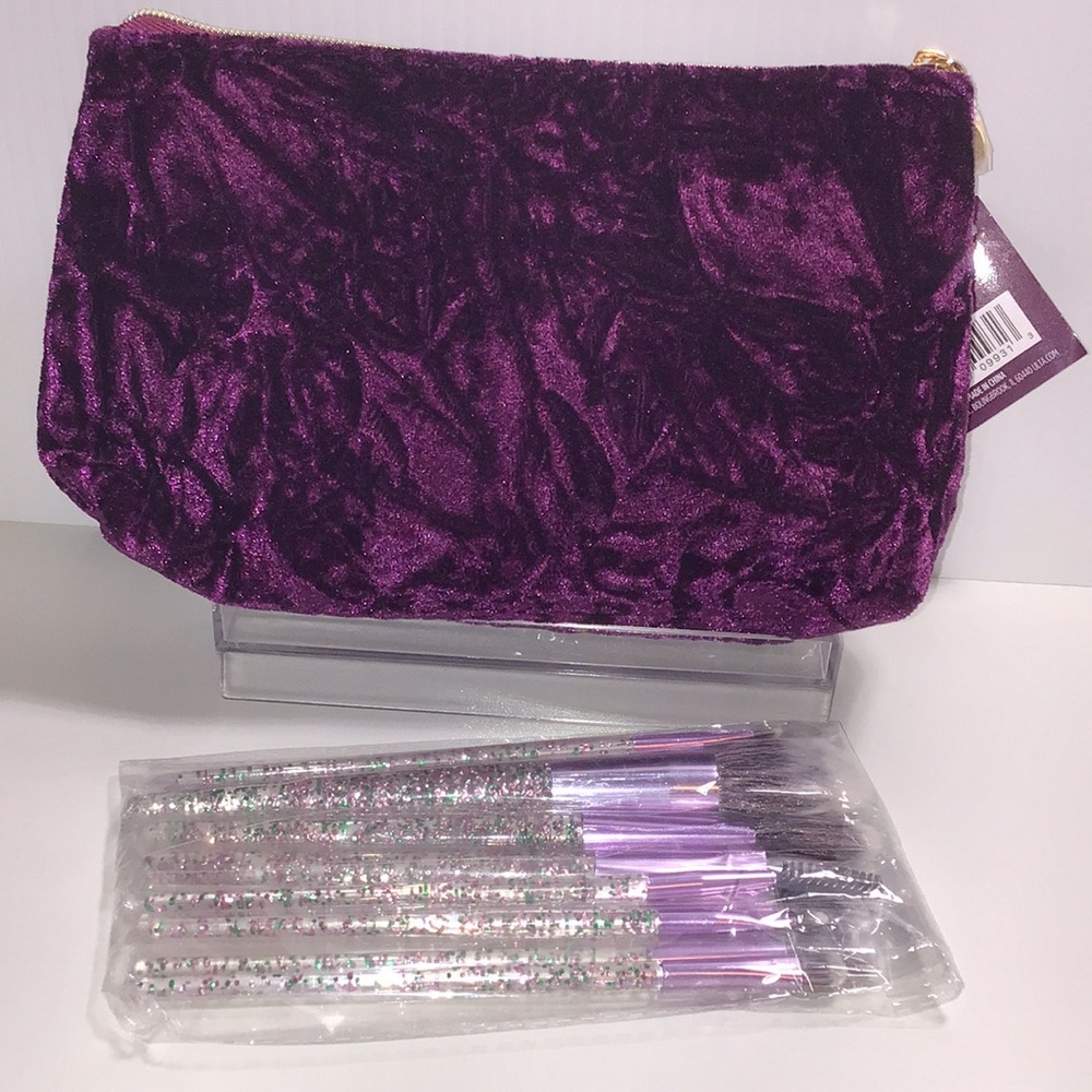 Plush Velvet Purple Makeup Bag with Glitter Brush Set